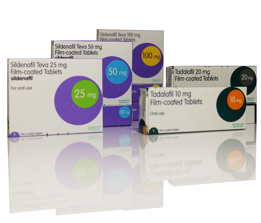 Boxes of Sildenafil and Tadalafil in varied strengths.