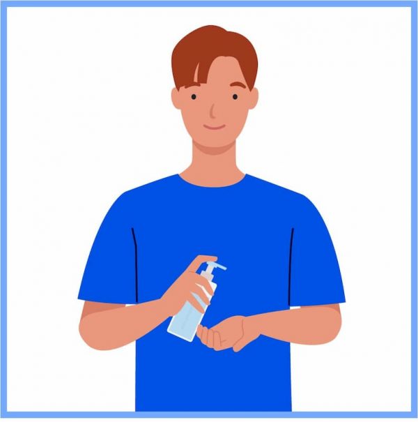 Illustration of a young male smiling and squeezing hand gel into the palm of his right hand | The Correct Way To Wear A Face Mask | e-Surgery