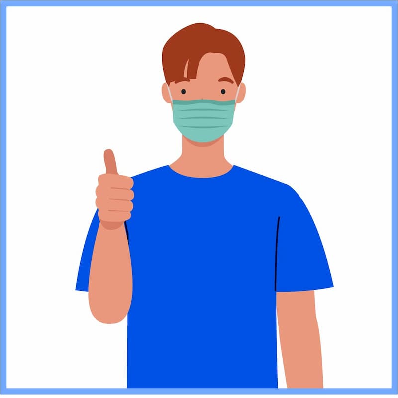 Illustration of a middle aged male with a face mask on signalling a thumbs up with his left hand | The Correct Way To Wear A Face Mask | e-Surgery