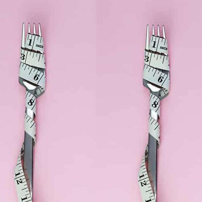 Forks with tape measure wrapped around it on pink background, orlistat weight loss, e-Surgery