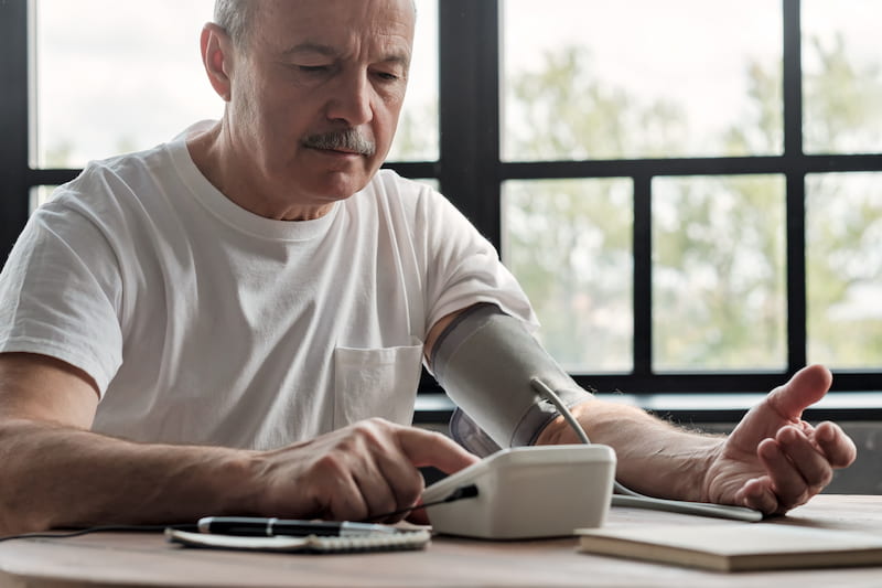 Man taking blood pressure test at home