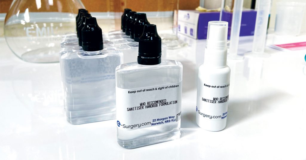 Hand sanitiser bottles made by e-Surgery, WHO recommended sanitiser hand rub bottles